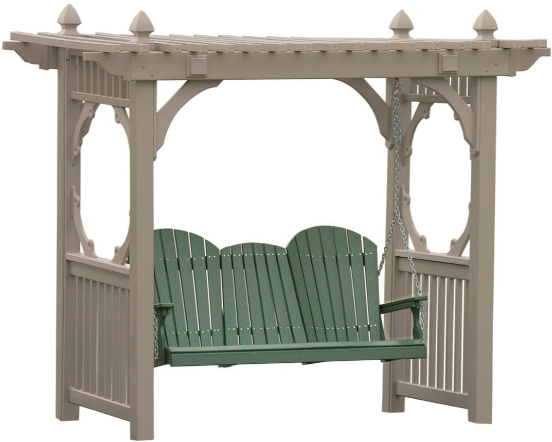 Freestanding swing stand in beige vinyl with decorative side panels, holding a green slatted swing. Ideal for outdoor use.