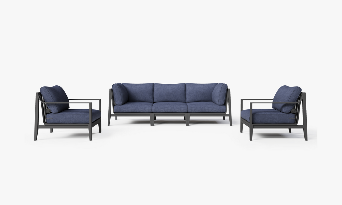 Outer Charcoal Aluminum Outdoor Sofa with Armchairs features a modular design with charcoal aluminum frames and dark blue cushions.