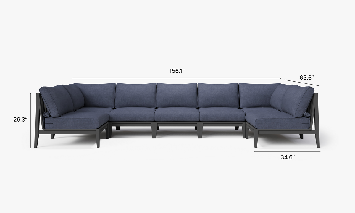 Charcoal aluminum U-shaped sectional sofa with gray layered cushions, designed for seven-seat outdoor lounging.