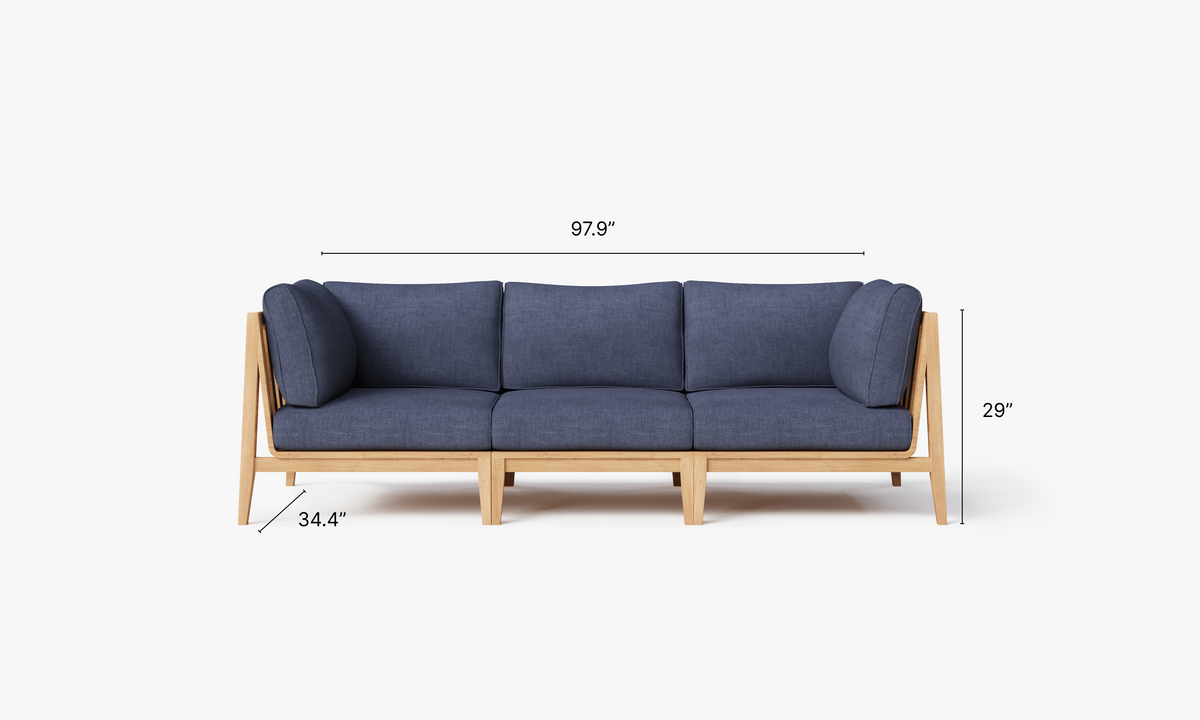 Teak outdoor sofa with navy cushions, modular design, and wooden frame; offers three-seat configuration for outdoor lounging.