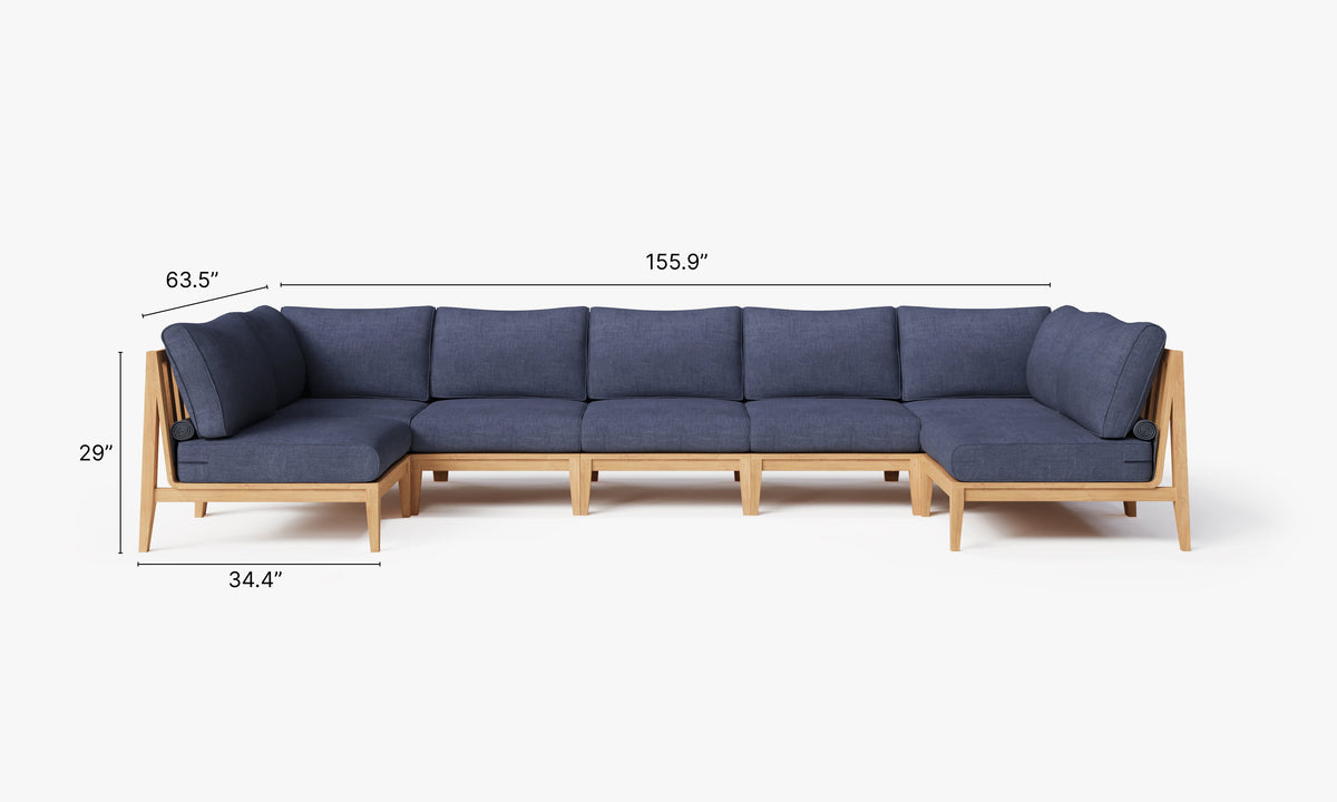 U-shaped outdoor sectional sofa featuring FSC-certified teak, deep blue cushions, and modular design for versatile arrangement.
