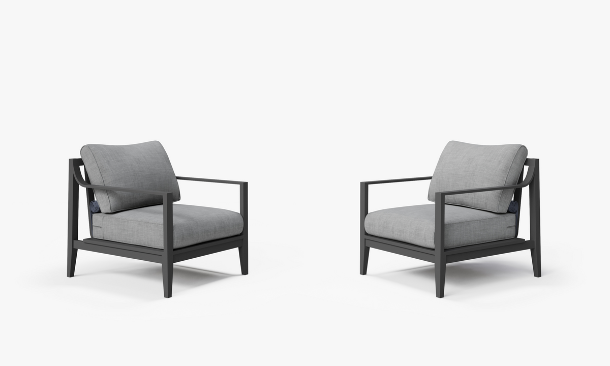 Charcoal aluminum outdoor armchair set with plush gray cushions, featuring a modern minimalist design for outdoor seating.