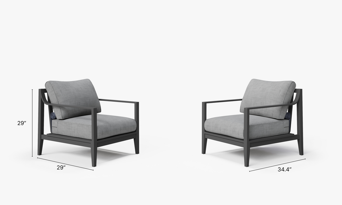 Charcoal aluminum outdoor armchair set with plush gray cushions, modern design, and no assembly required.