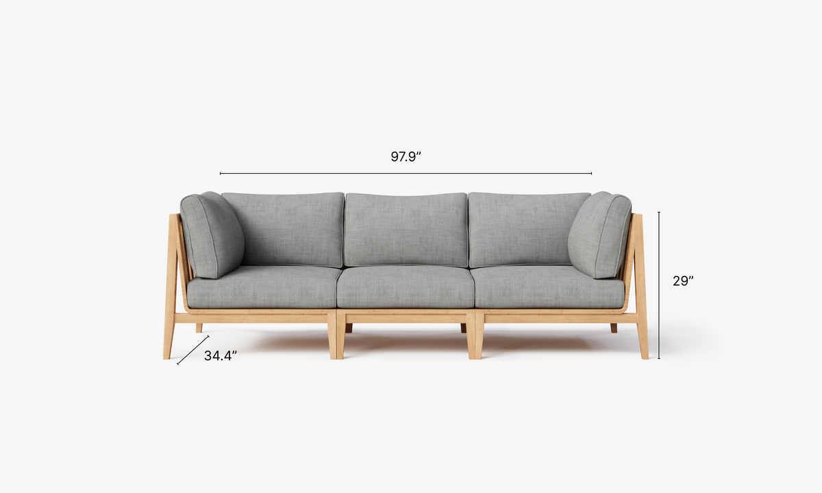 Three-seat outdoor sofa with FSC-certified teak frame and gray upholstered cushions, featuring a modular design.