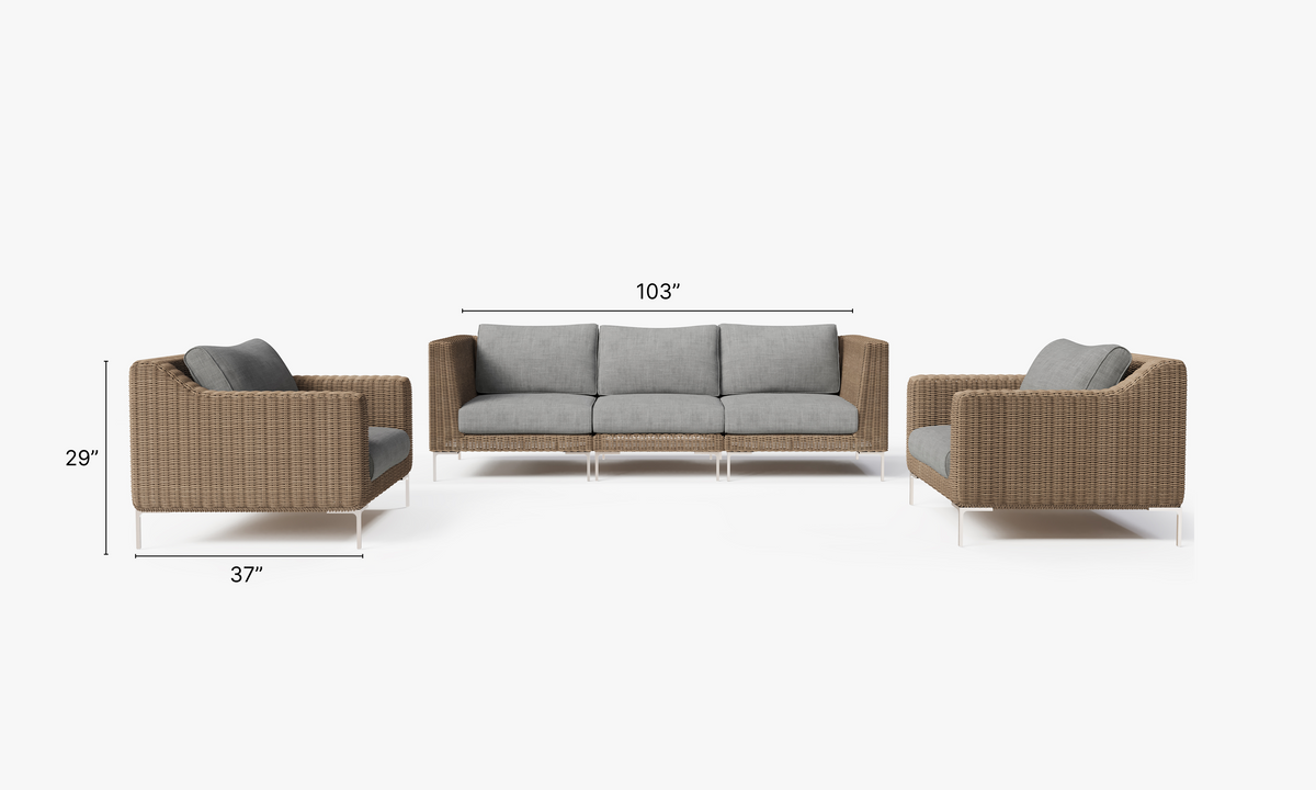 Five-seat outdoor sofa set in handwoven brown wicker, featuring gray cushions and polished stainless steel legs.
