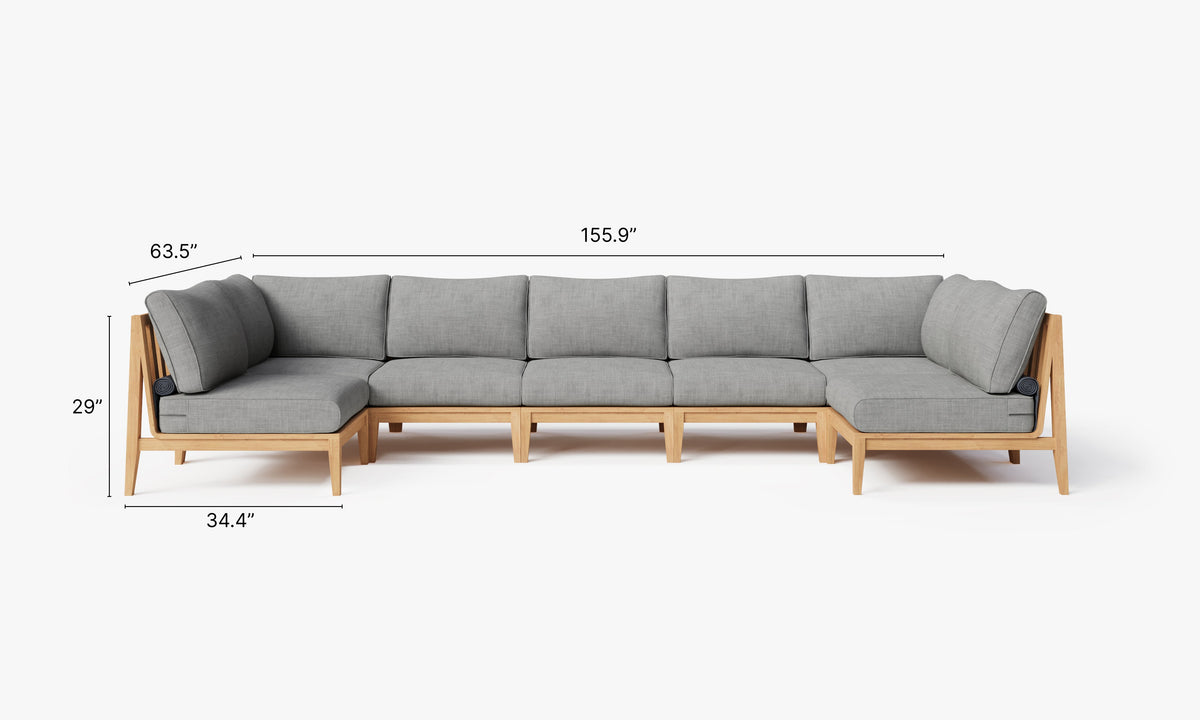 U-shaped outdoor sectional sofa with gray cushions, crafted from FSC-certified teak hardwood, offering seven seats.