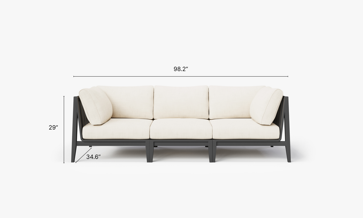 Charcoal aluminum outdoor sofa with three-seat configuration and cream cushions, featuring a modern, streamlined design.