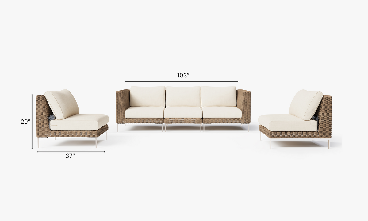 Handwoven brown wicker outdoor sofa set with cream cushions, featuring two corner chairs and three armless chairs.
