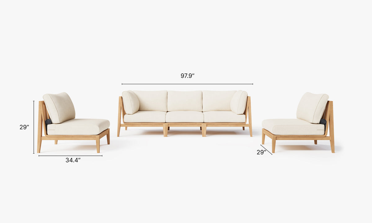 Outer Teak Outdoor Sofa with armless chairs, featuring a light beige cushion and natural teak wood frame, modular design.