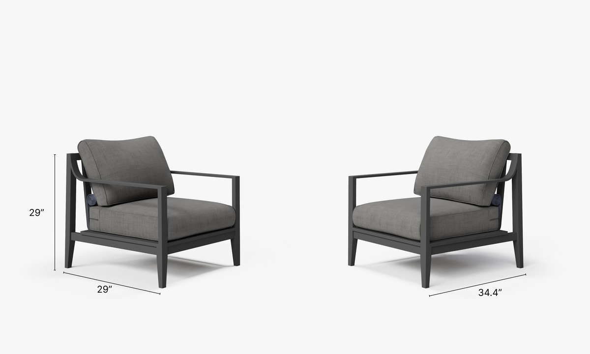 Charcoal aluminum armchair set with plush gray cushions, featuring a modern design and open frame for outdoor use.