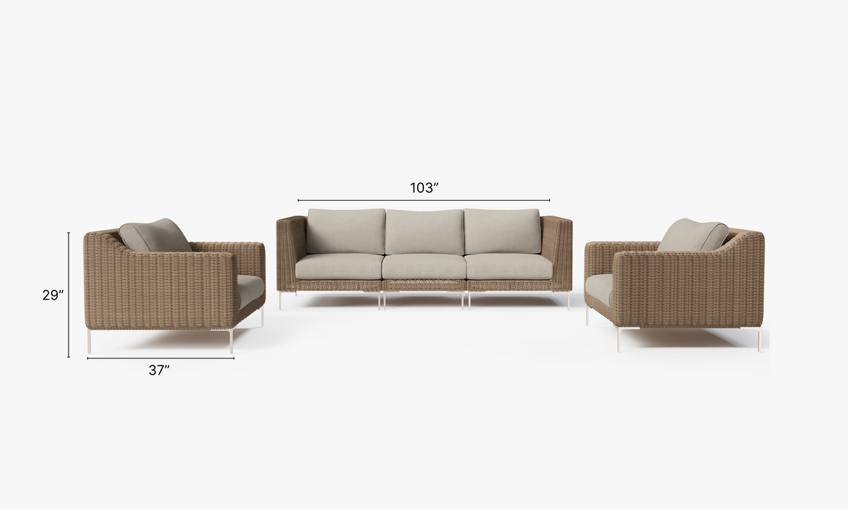 Handwoven brown wicker outdoor sofa set, includes three seat sofa and two armchairs, featuring comfortable beige cushions.