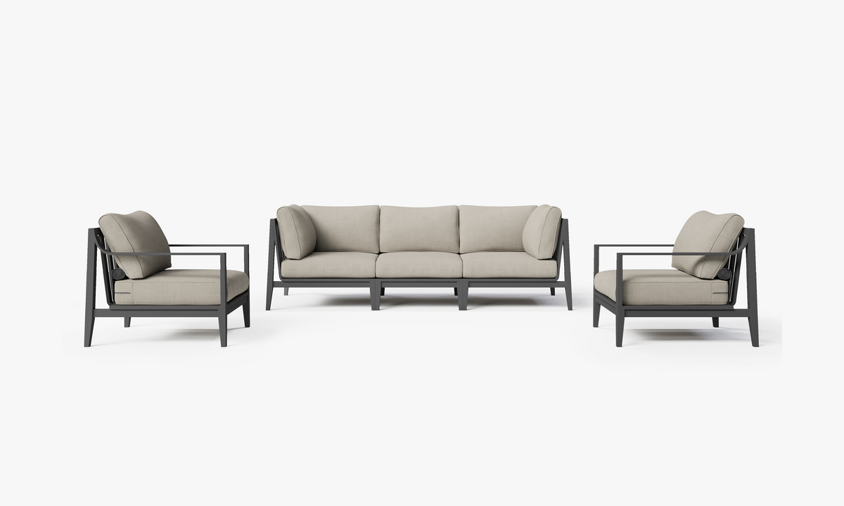 Charcoal aluminum outdoor sofa set featuring plush, light gray cushions and a modular five-seat configuration.
