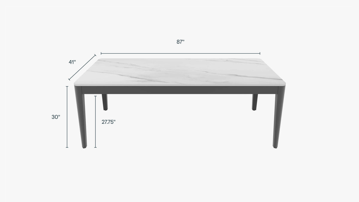 Rectangular outdoor dining table with a marble-patterned sintered stone top and gray powder-coated aluminum legs.