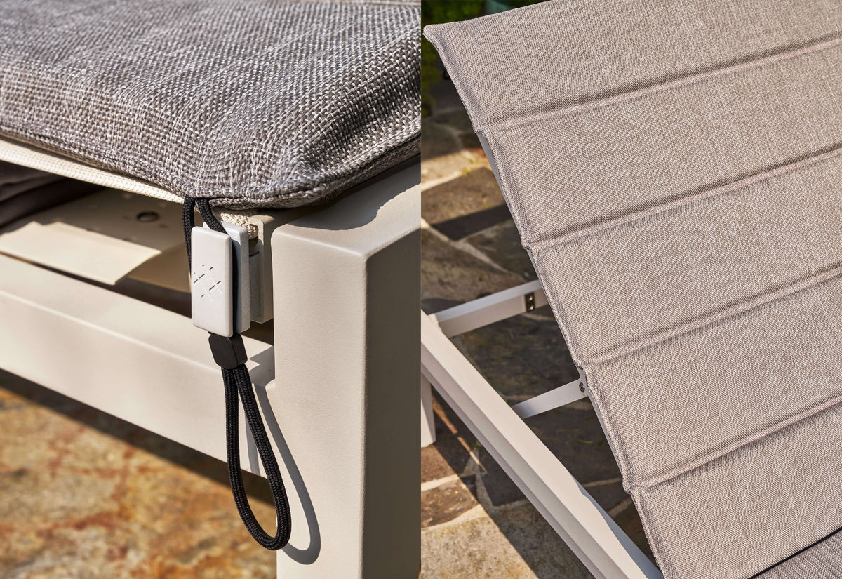 Charcoal aluminum chaise lounge with adjustable backrest and optional cushion, featuring a modern, sleek design.