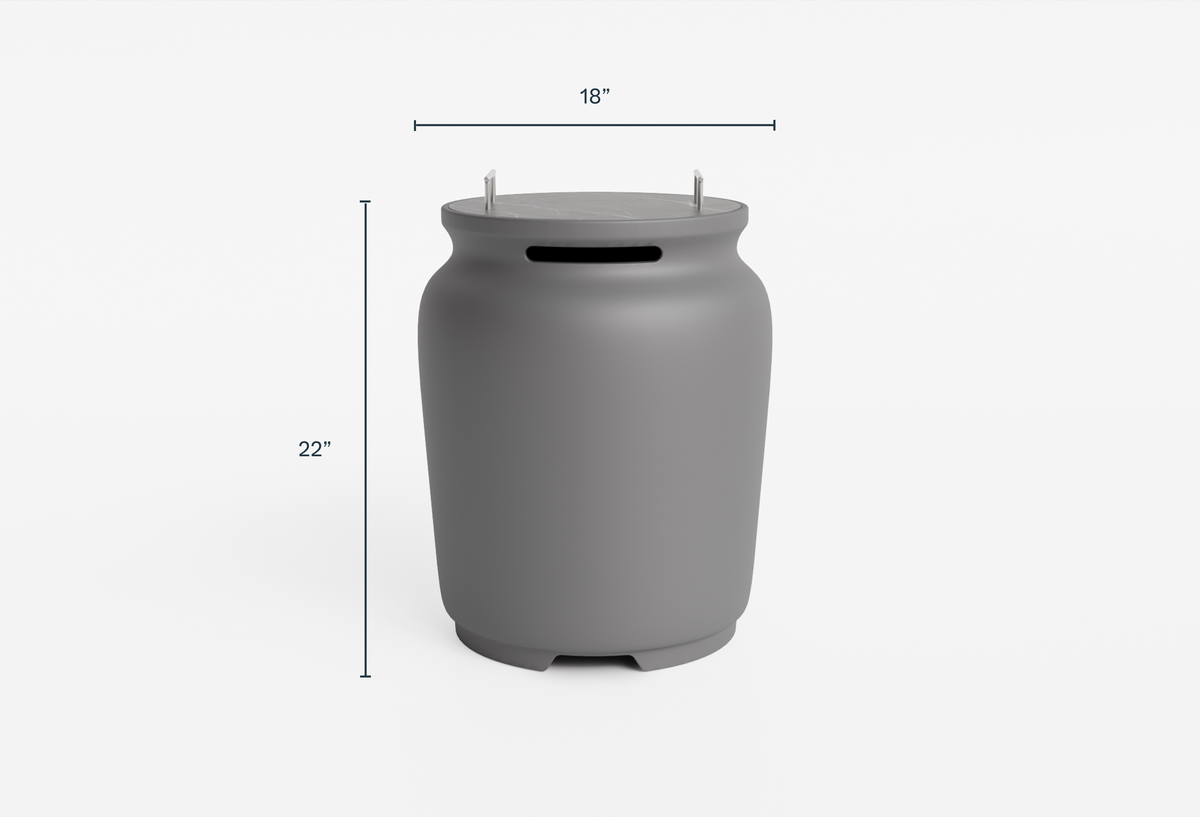 Rectangular propane tank cover in gray with a smooth surface and two handles, measuring 22 inches tall and 18 inches wide.