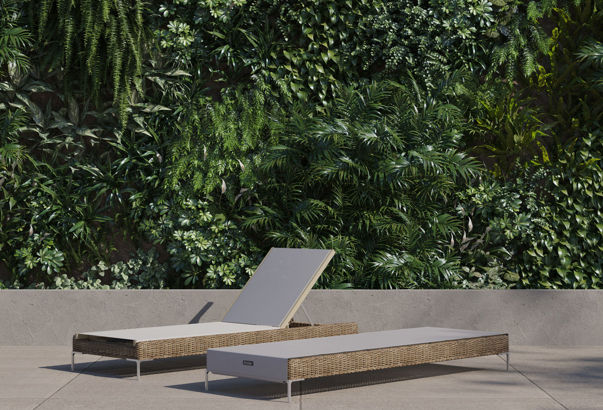 Brown wicker chaise lounge with an adjustable backrest, featuring a sleek aluminum frame and a light-colored sling surface.