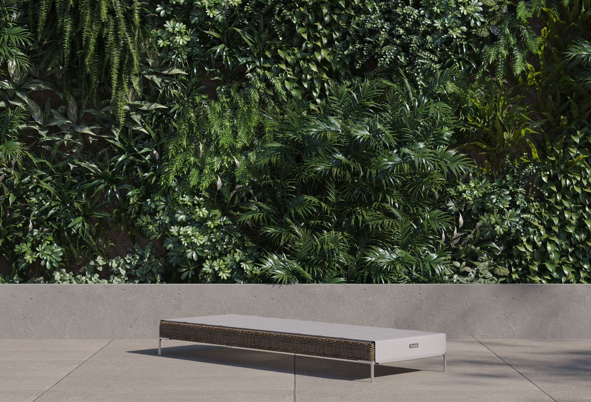 Brown wicker chaise lounge with a white sling seat, featuring polished stainless steel legs and a sleek design.