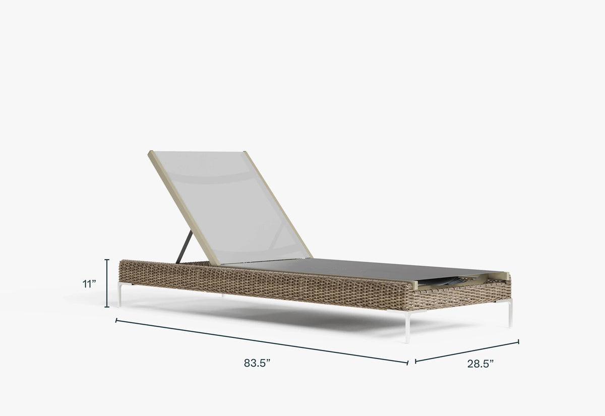 Brown wicker chaise lounge with adjustable backrest, stainless steel legs, and integrated cover compartment. Dimensions: 83.5” L x 28.5” W.