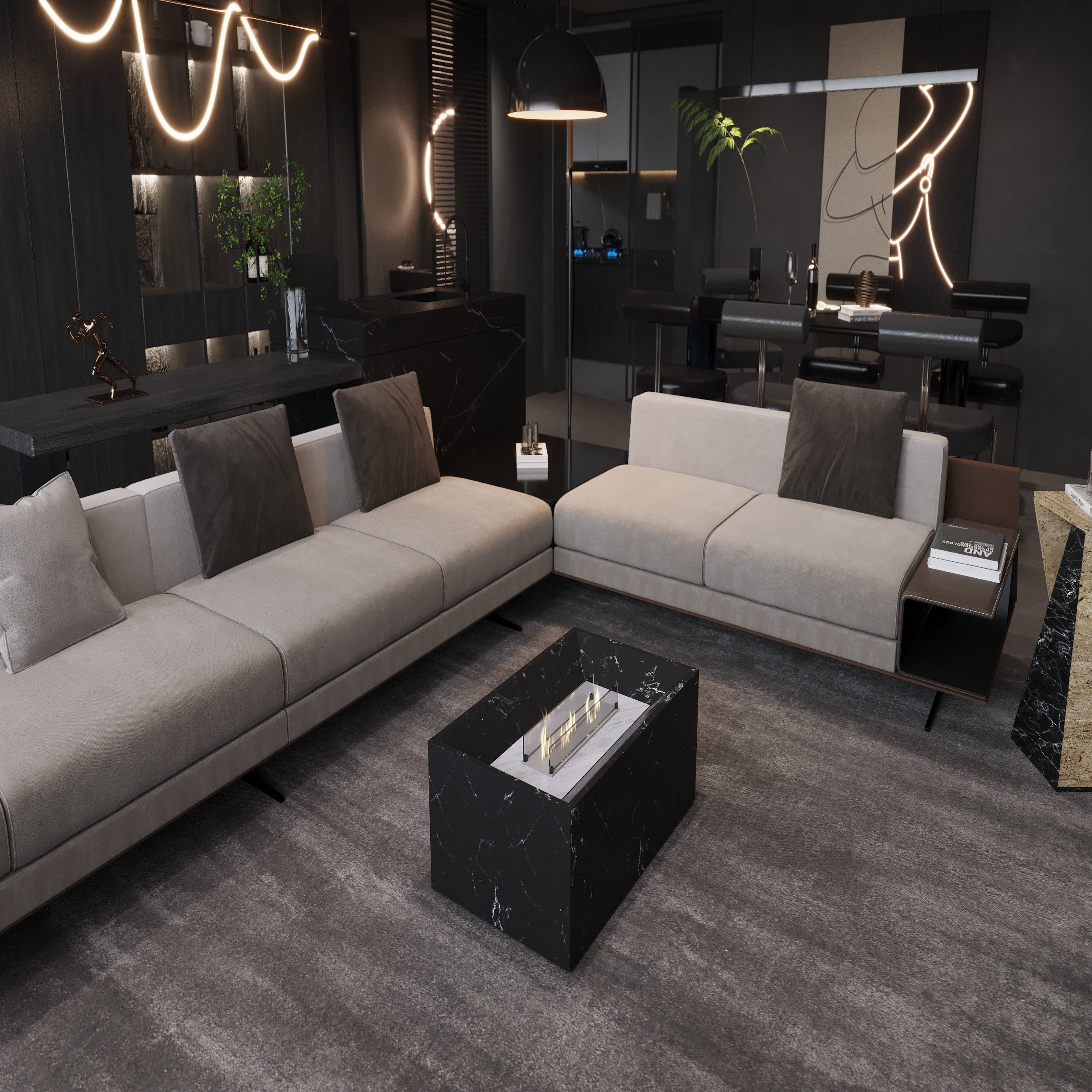 Black Marble Coffee Table with Built-in Fireplace