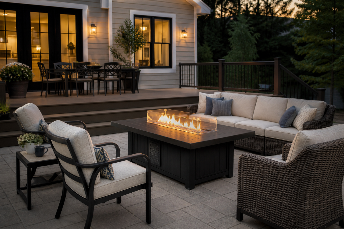 Outdoor patio and deck seating area with a fire pit table set and surrounding chairs.
