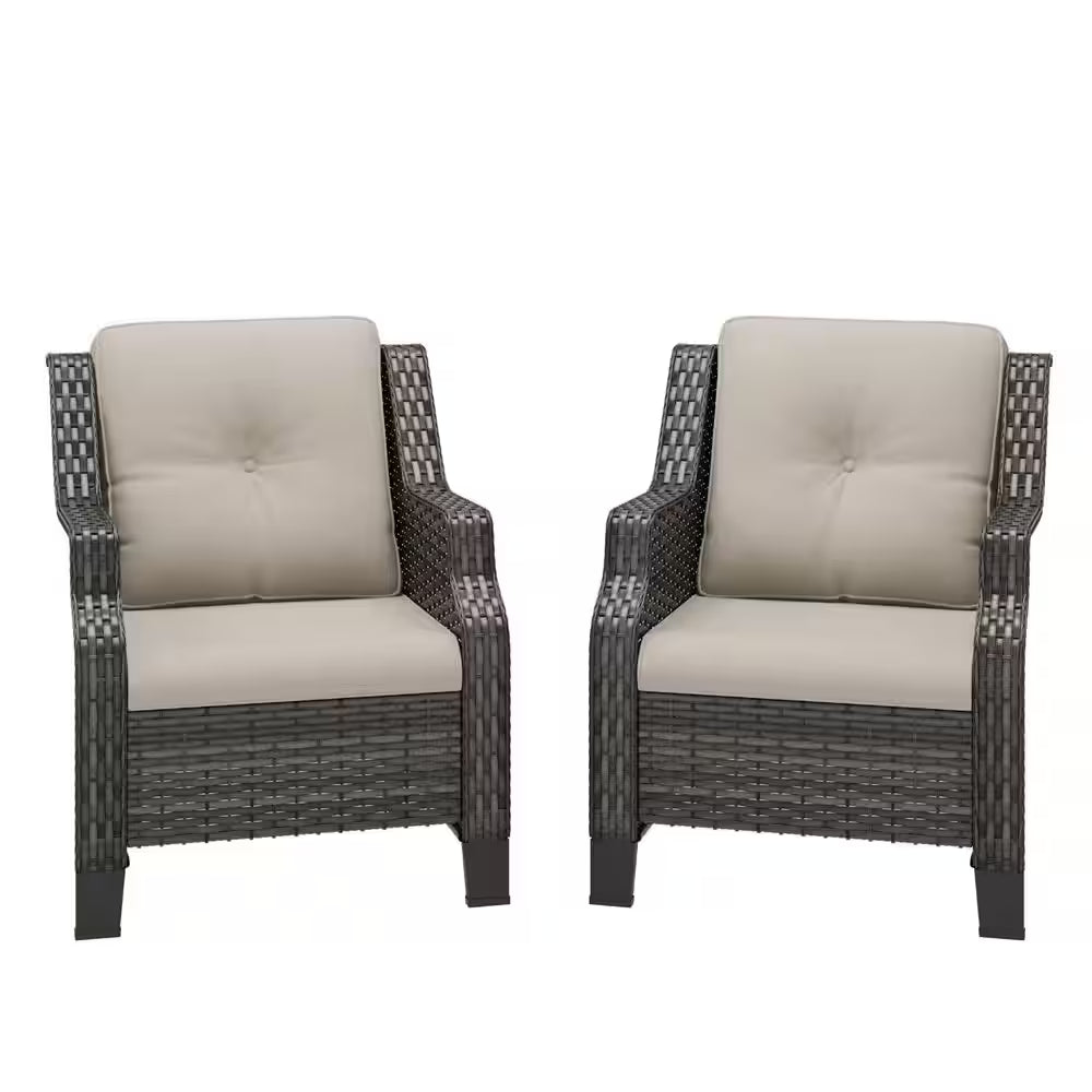 2-Piece Wicker Patio Outdoor Lounge Chair with Beige Cushions