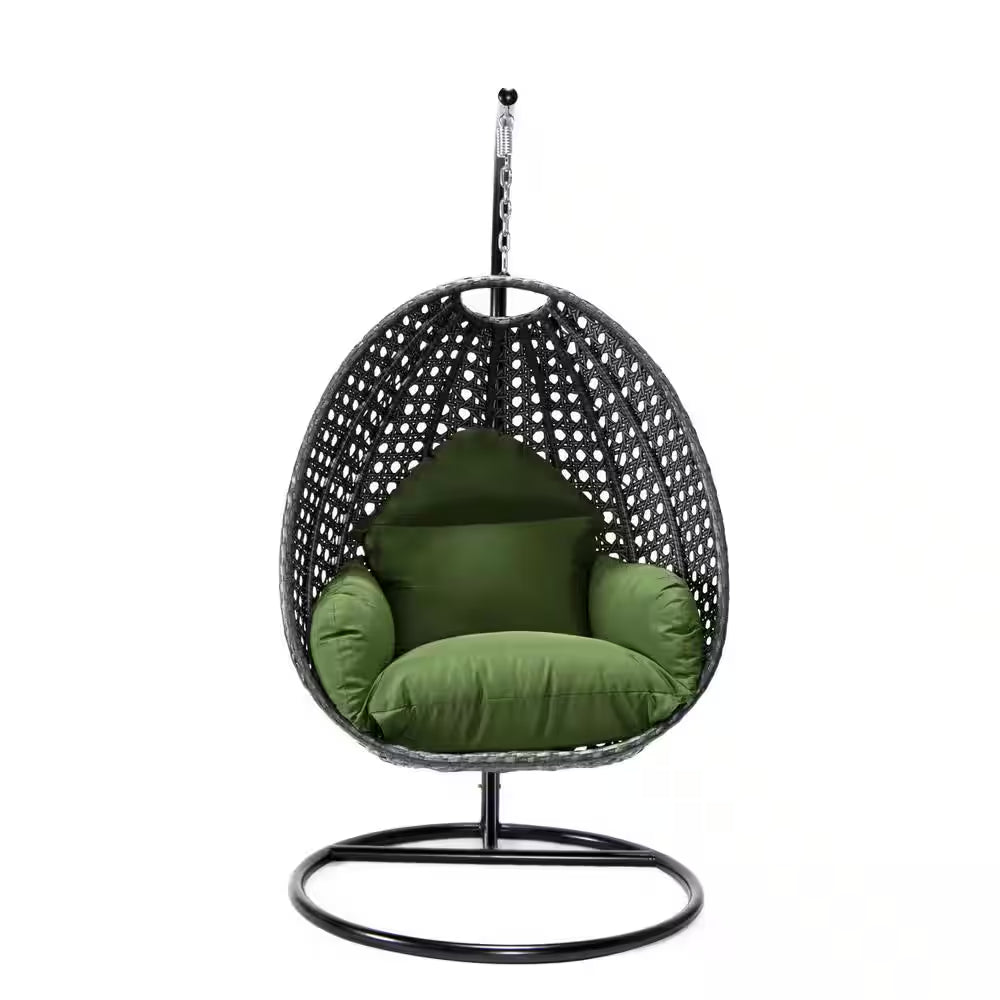 Charcoal Wicker Indoor Outdoor Hanging Egg Swing Chair for Bedroom and Patio with Stand and Cushion in Dark Green