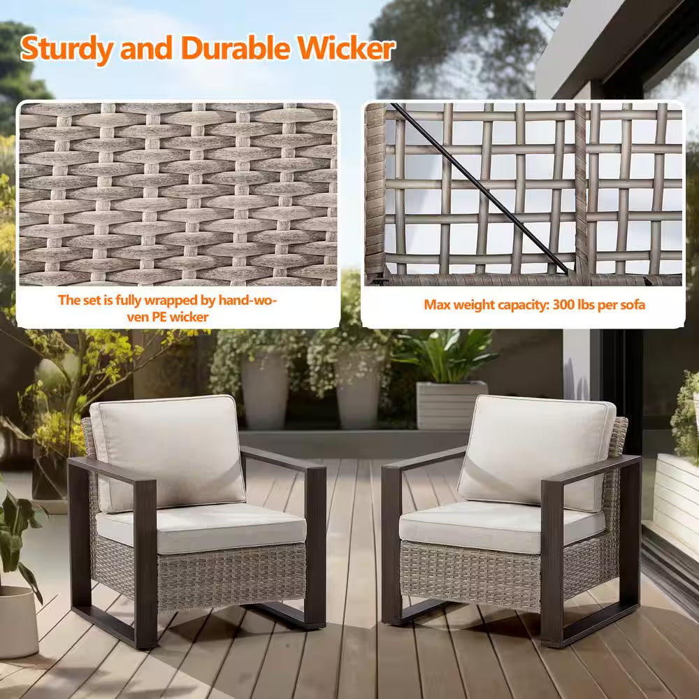 2-Piece Patio Wicker Outdoor Lounge Chair with Metal Frame and Beige Cushions