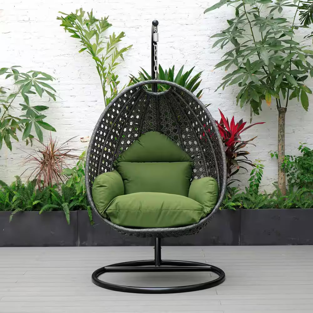 Charcoal Wicker Indoor Outdoor Hanging Egg Swing Chair for Bedroom and Patio with Stand and Cushion in Dark Green