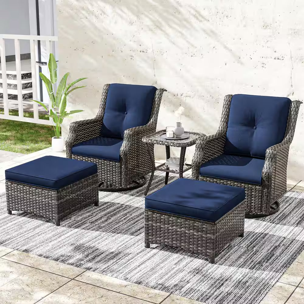 5-Piece Wicker Outdoor Patio Conversation Set with Swivel Rocking Chair, Side Table, Ottomans and Blue Cushions