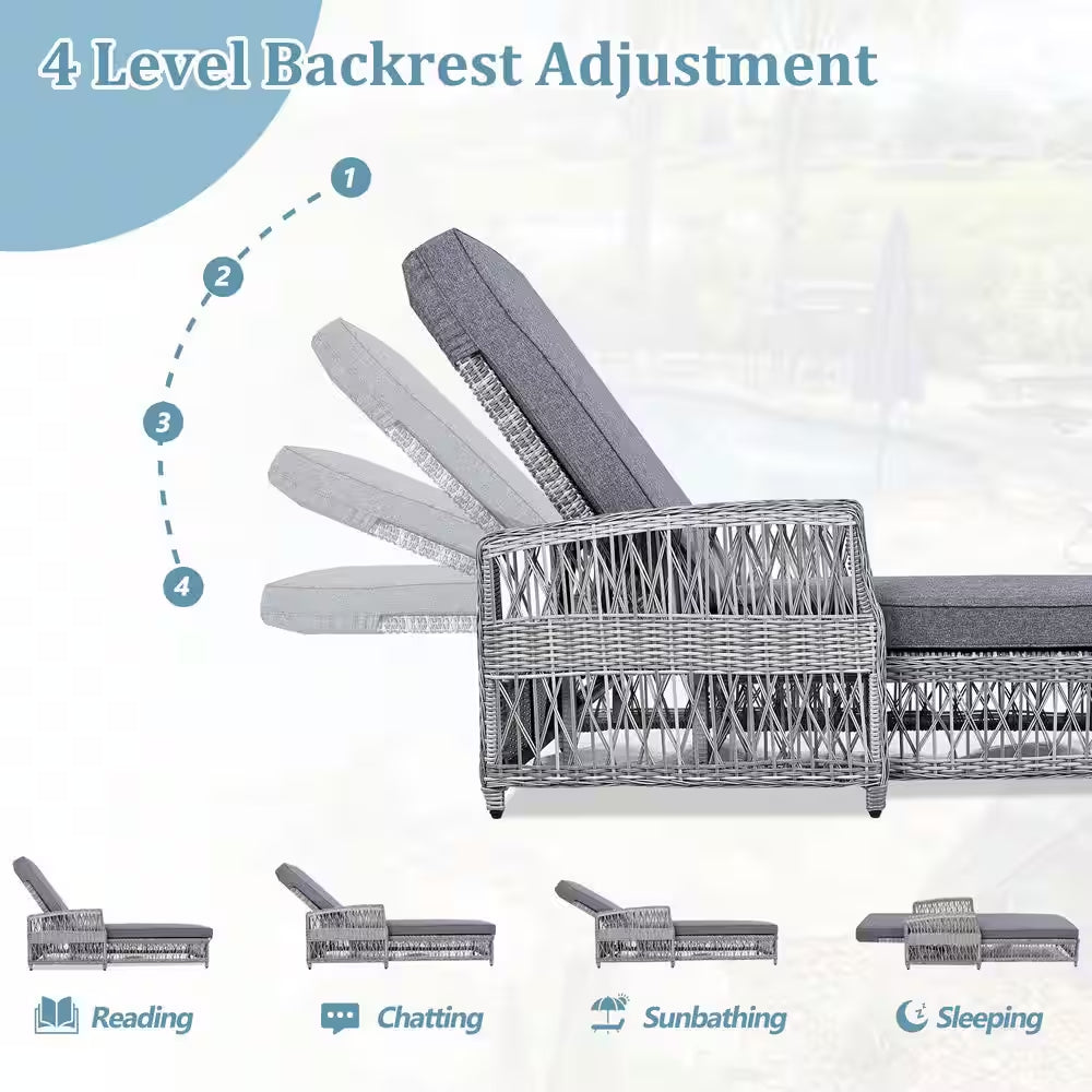 1-Piece Rattan Wicker Outdoor Patio Chaise Lounge Chairs with Adjustable Poolside Loungers Sunlounge and Blue Cushions