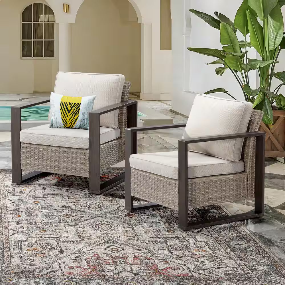 2-Piece Patio Wicker Outdoor Lounge Chair with Metal Frame and Beige Cushions