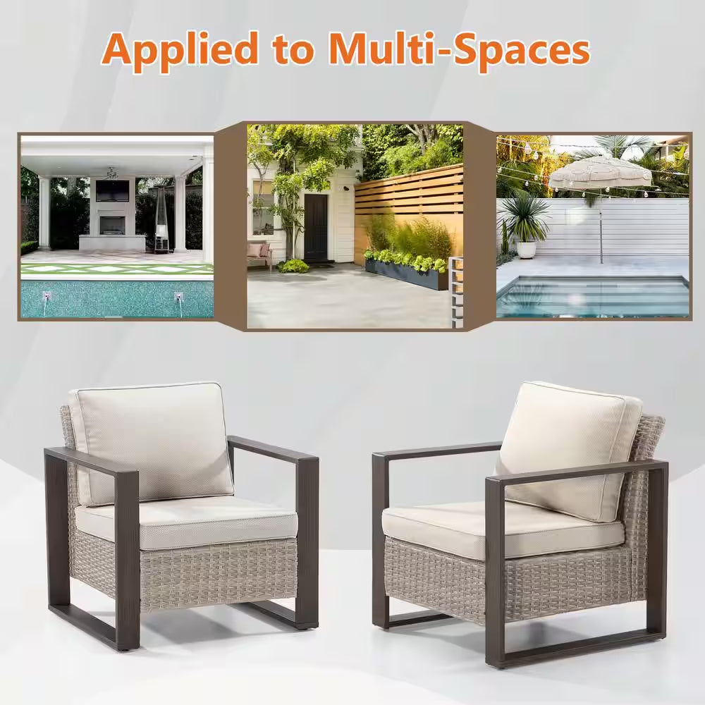 2-Piece Patio Wicker Outdoor Lounge Chair with Metal Frame and Beige Cushions