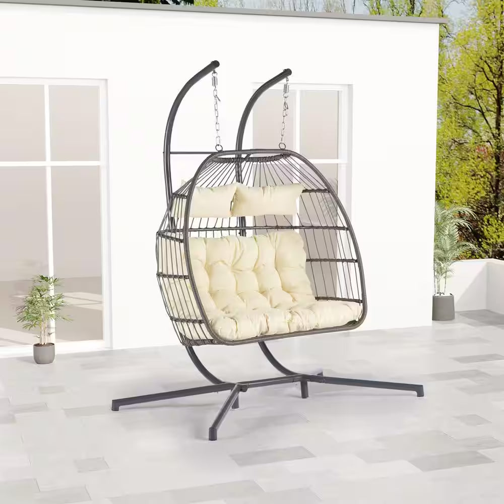 2 Person Gray Wicker Porch Egg Swing Chair with Beige Cushion and Stand