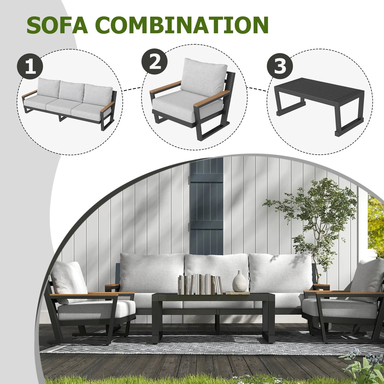 Aluminum Outdoor Patio Furniture Set 5 Seat, Patio Conversation Set with Durable Mesh Rope Weaving, Wide Armrests and Seats, Metal Sofa Set for Patio Grey