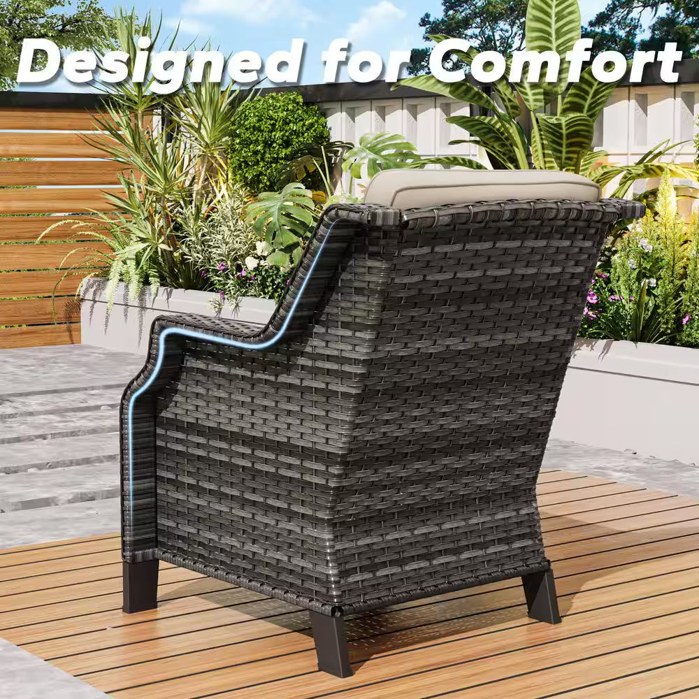 2-Piece Wicker Patio Outdoor Lounge Chair with Beige Cushions