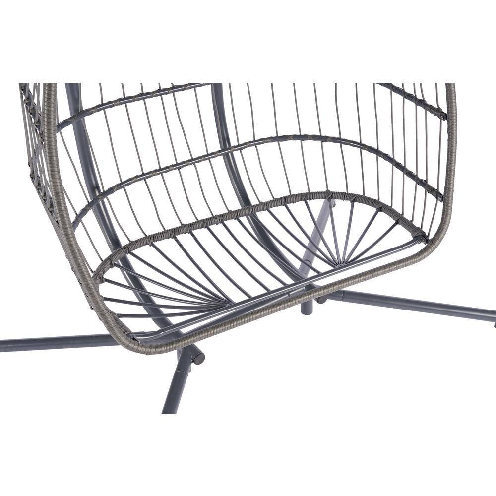 2 Person Gray Wicker Porch Egg Swing Chair with Beige Cushion and Stand