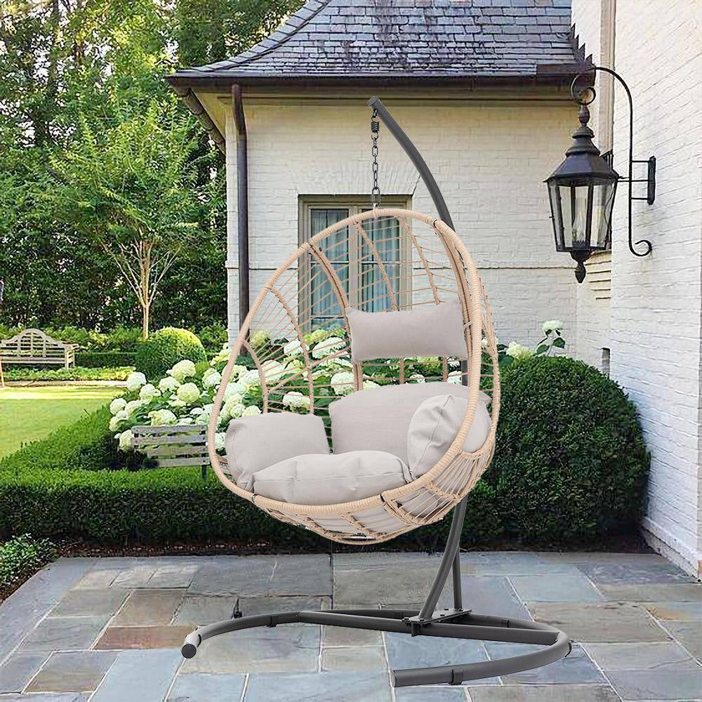 Wicker Patio Swing Outdoor Indoor PE Wicker Swing Egg Chair Hanging Chair in Beige