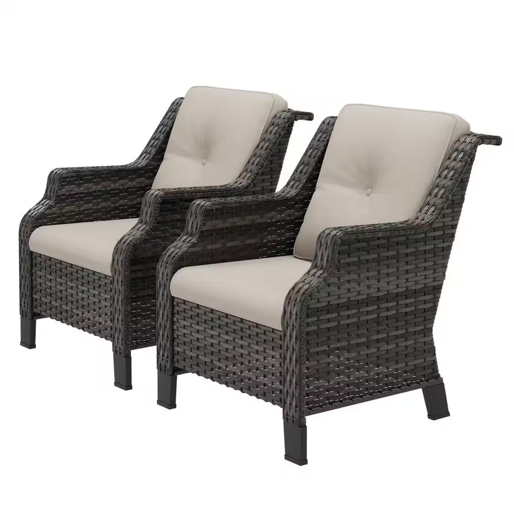 2-Piece Wicker Patio Outdoor Lounge Chair with Beige Cushions