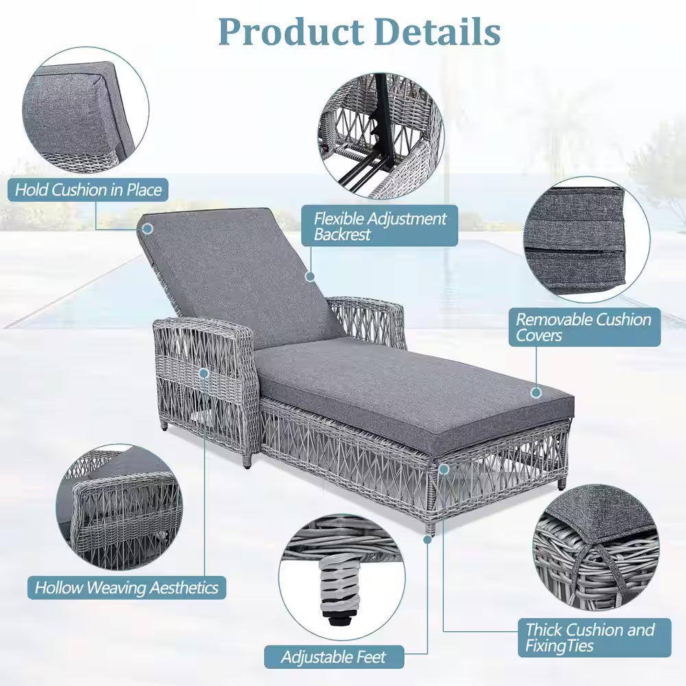 1-Piece Rattan Wicker Outdoor Patio Chaise Lounge Chairs with Adjustable Poolside Loungers Sunlounge and Blue Cushions