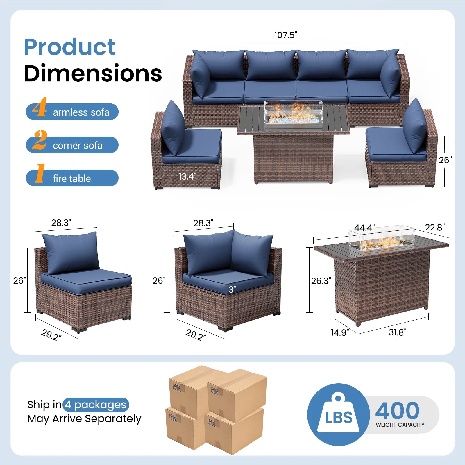 Patio Furniture Set, Outdoor Patio Furniturewicker Sectional Furniture Set, 7 Pieces Outdoor Sectional Sofa with Fire Pit Table, Outdoor Patio Furniture Set for Outdoor Furniture (Navy Blue)