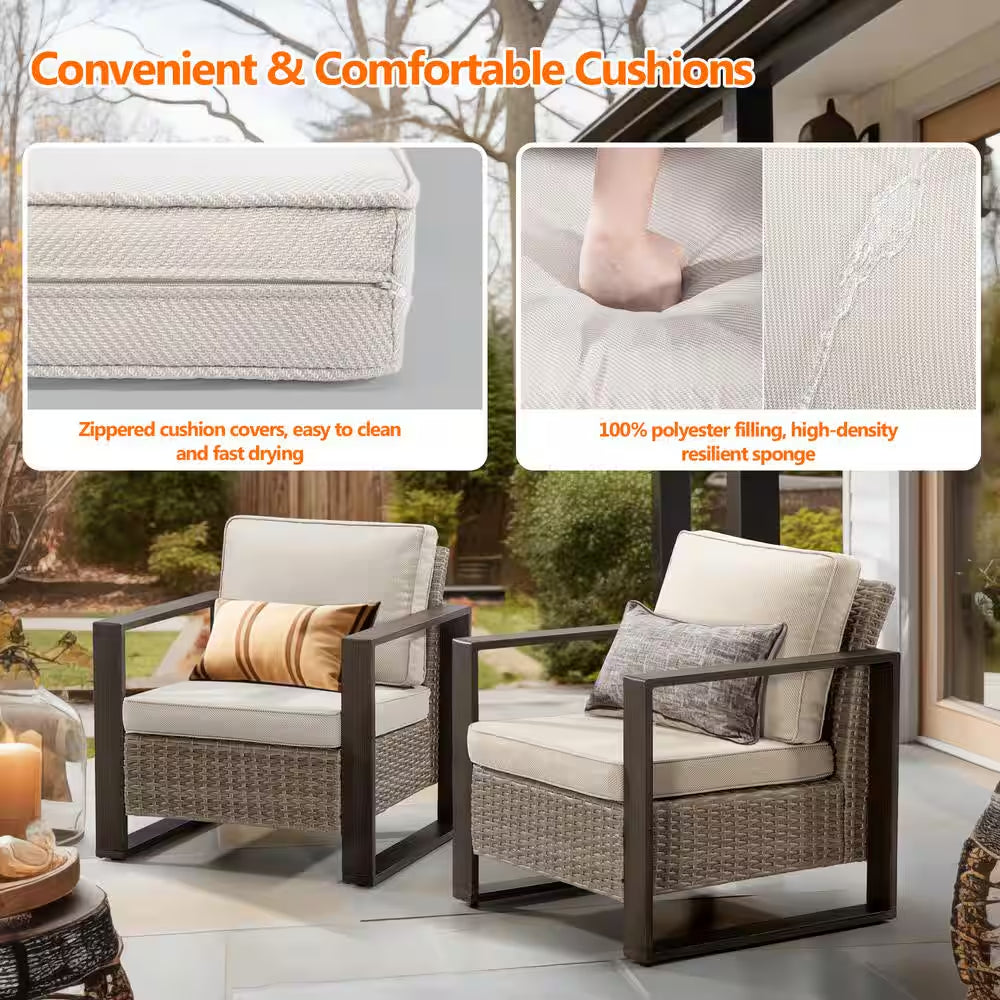 2-Piece Patio Wicker Outdoor Lounge Chair with Metal Frame and Beige Cushions