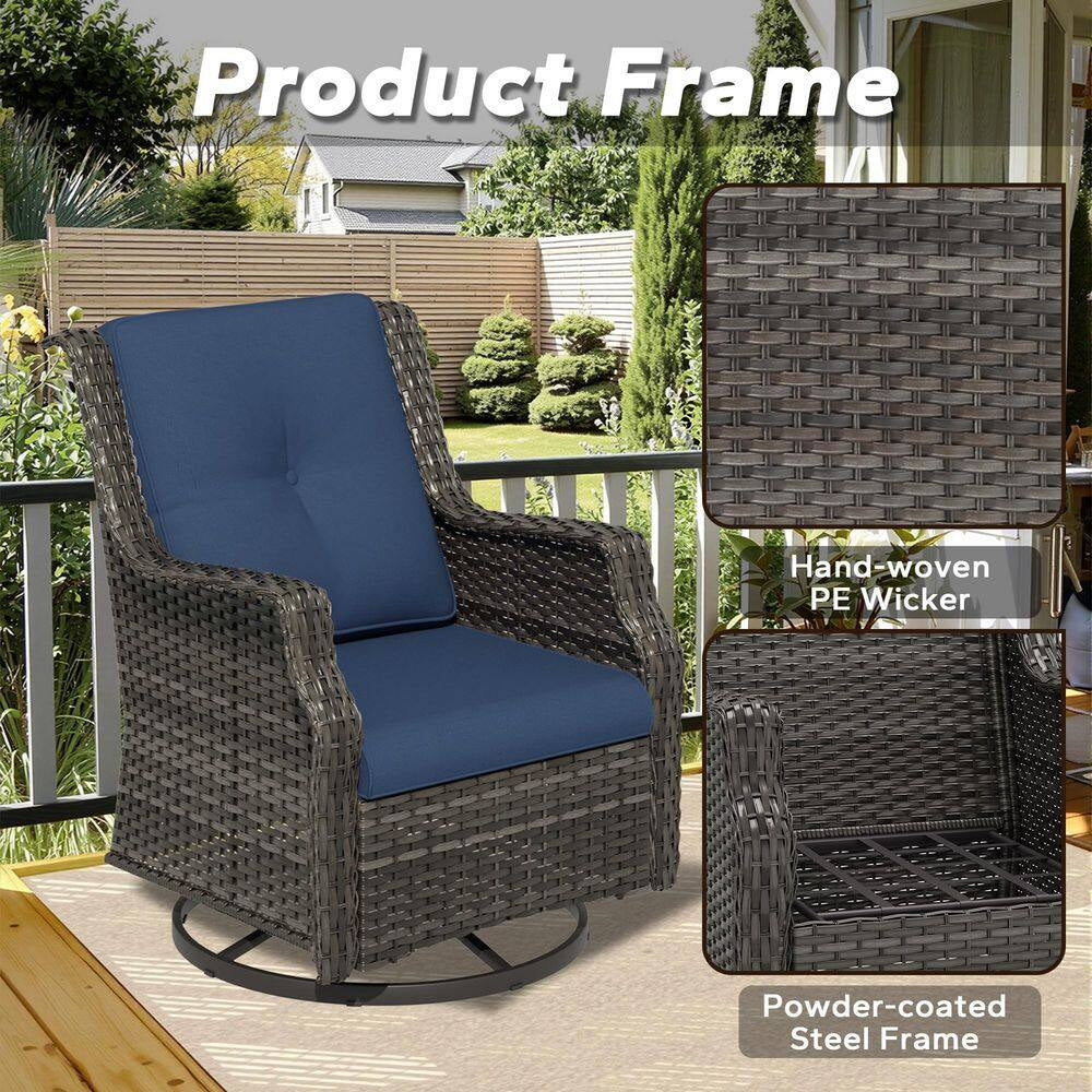 5-Piece Wicker Outdoor Patio Conversation Set with Swivel Rocking Chair, Side Table, Ottomans and Blue Cushions