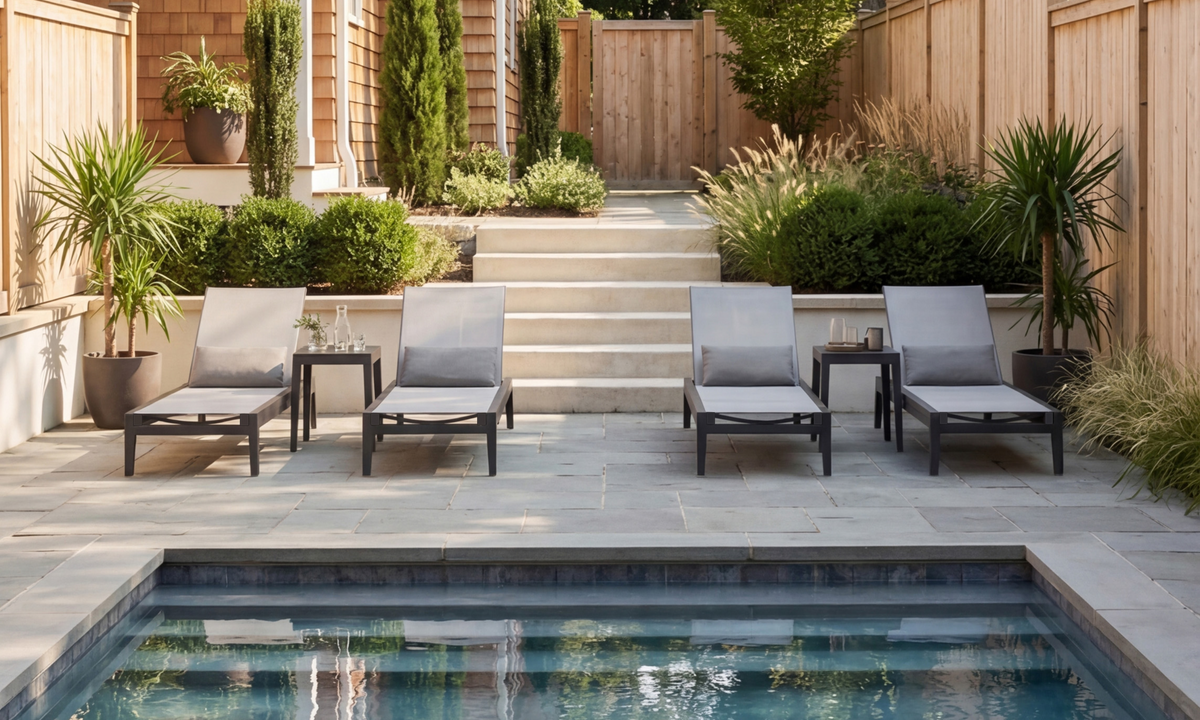 Charcoal aluminum chaise lounge with a sleek design, adjustable backrest, and light gray sling fabric on a stone patio by a pool.