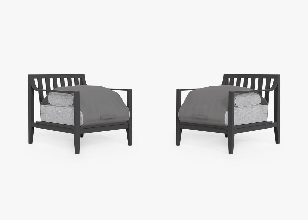 Charcoal aluminum outdoor armchair set featuring plush gray cushions and a modern design for patio or garden use.