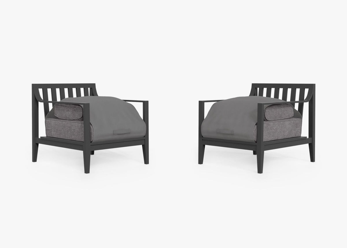 Charcoal aluminum armchair set with plush gray cushions, showcasing a contemporary design and open armrest style.