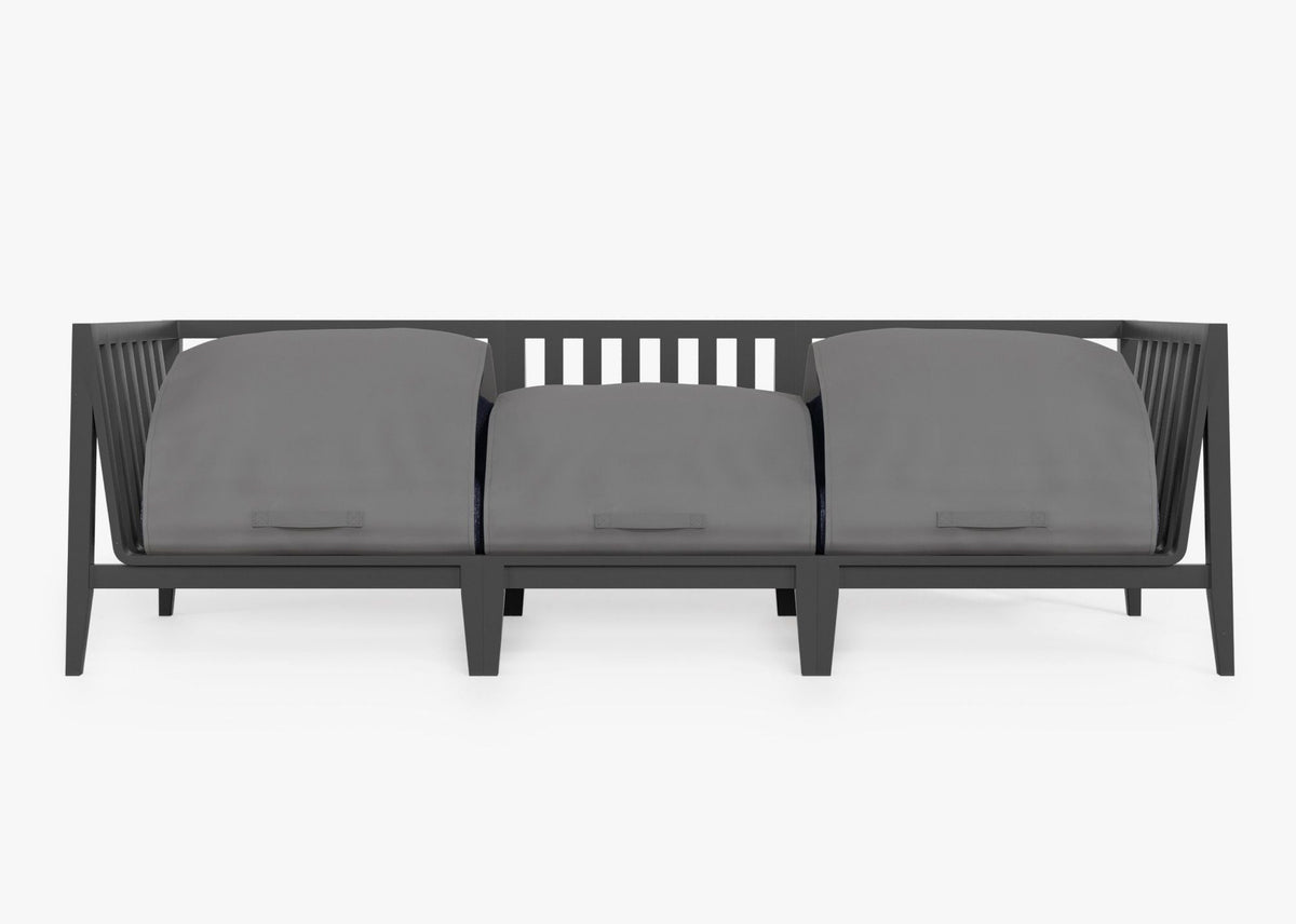 Three-seat outdoor sofa with a charcoal aluminum frame and gray cushions, featuring an integrated cover for protection.