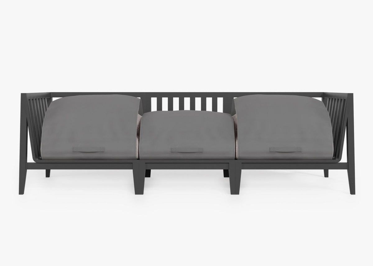 Charcoal aluminum three-seat outdoor sofa with layered gray memory foam cushions and an integrated protective cushion cover.