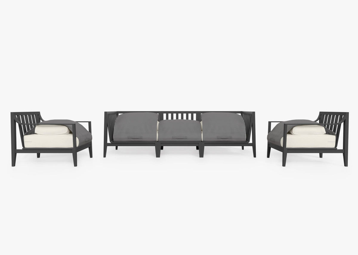 Five-seat modular outdoor sofa in charcoal aluminum, featuring plush gray cushions and integrated covers for protection.