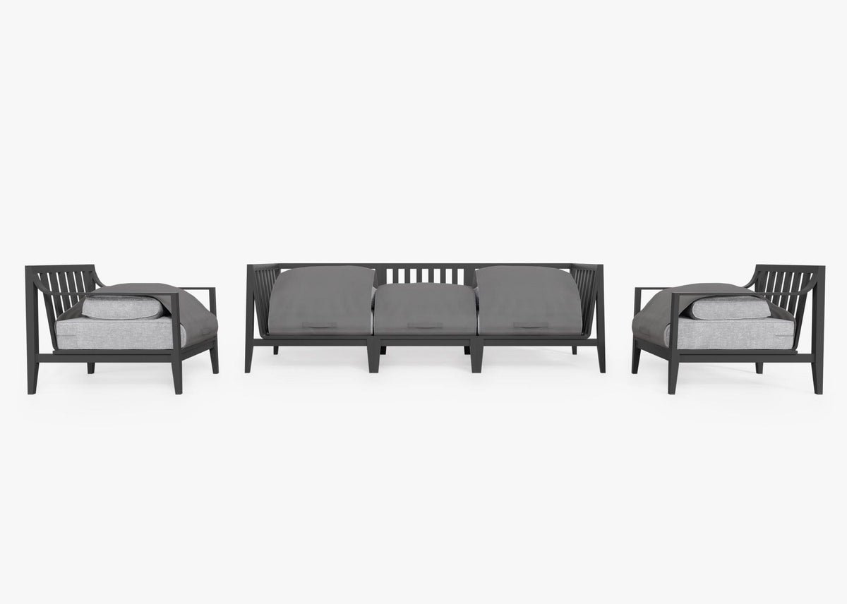 Charcoal aluminum outdoor sofa set with three modular sections, featuring plush gray cushions and sleek armchairs.