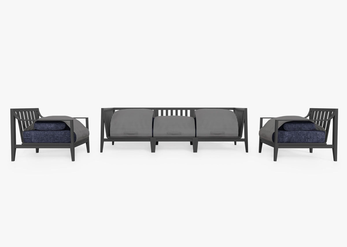 Charcoal aluminum outdoor sofa with armchairs, featuring gray cushions and protective covers, designed for modular seating.